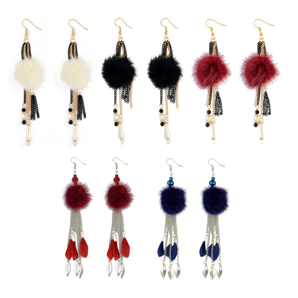 E-3957 Drop Dangle Earring Mink Hair Multilayer Thin Chains Pendant Long Tassel Beaded/Feather Earrings for Women