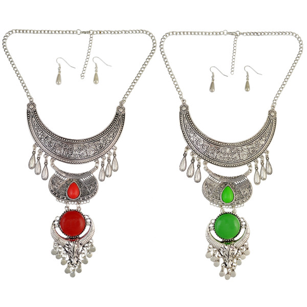 N-6634 Bohemian Carved Flower Silver Alloy Moon Shape Resin Gem Crystal Rhinestone Cattle Head Tassel Long Necklace Earrings Set For Women Jewelry