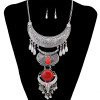 N-6634 Bohemian Carved Flower Silver Alloy Moon Shape Resin Gem Crystal Rhinestone Cattle Head Tassel Long Necklace Earrings Set For Women Jewelry