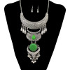 N-6634 Bohemian Carved Flower Silver Alloy Moon Shape Resin Gem Crystal Rhinestone Cattle Head Tassel Long Necklace Earrings Set For Women Jewelry