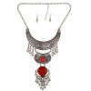 N-6634 Bohemian Carved Flower Silver Alloy Moon Shape Resin Gem Crystal Rhinestone Cattle Head Tassel Long Necklace Earrings Set For Women Jewelry