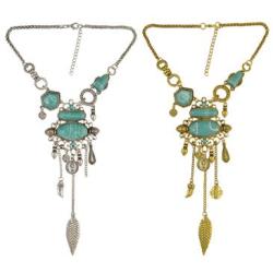 N-6642 Bohemian Silver Gold Fashion Necklace Inlay Irregular Geometry Blue Gem Coin Leaf Tassel Necklace Women Jewelry