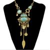 N-6642 Bohemian Silver Gold Fashion Necklace Inlay Irregular Geometry Blue Gem Coin Leaf Tassel Necklace Women Jewelry
