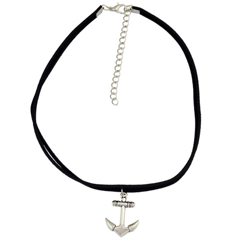 N-6639 Black Velvet Double Chain Anchor Pendant Choker Necklace
