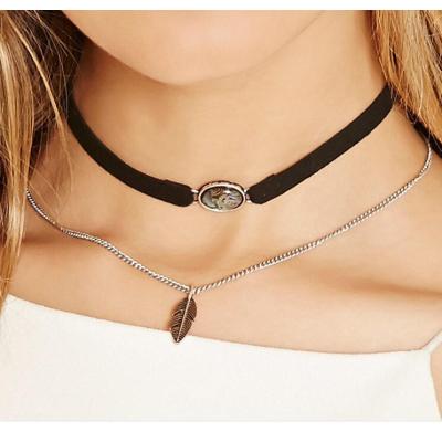 N-6535 2 Pcs/set Fashion Lace Metal Stitching Collar Necklace Leaf Pendants for Women Jewelry