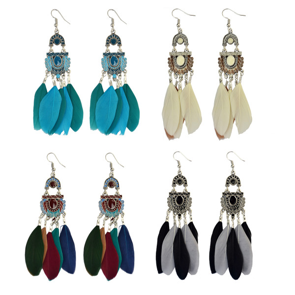 E-3963 Bohemian Vintage Tassel Feather Drop Earring Hook Earrings 4 Colors