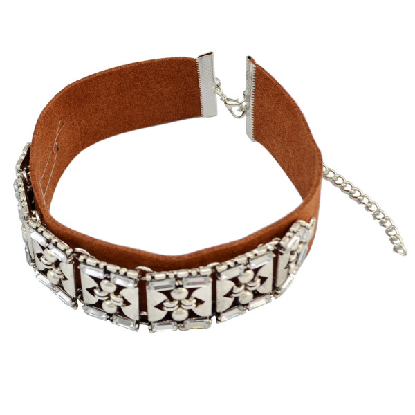 N-6646 Unique Black Brown Collar Leather Chokers Charm Rhinestone Crystal Pendant Necklaces Stud Drop Dangle Earring for Women Jewelry