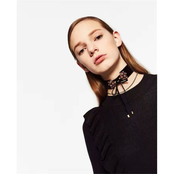 N-6654 2 Pcs/Set Fashion Black Khaki Velvet Chain Crystal Rhinestone Flower Shape Bow Knot Choker Short Clavicle Necklace Women & Girls Jewelry
