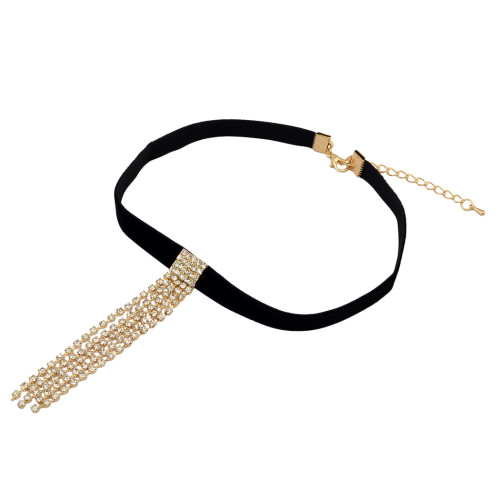 N-6666 Gold Silver Velvet Crystal Rhinestone Pendant Chain Choker Short Clavicle Necklace Women & Girls Jewelry