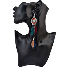E-3972 Vintage Retro Boho Ethnic Style Silver Plated Alloy Chain Tassel Dangle Earrings Black Colorful Feather Fringe Drop Long Earrings Women Jewelry