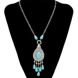N-6661 Vintage Tibetan Silver Plated Alloy Big Water drop Shape Turquoise Beads Tassel Pendant Long Necklaces Women Girls Jewelry