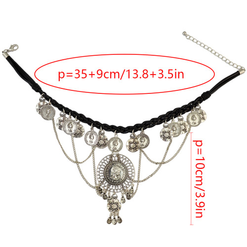 N-6669 Vintage  Silver Plated Leather Alloy Round Portrait  Tassel Pendant Long Necklaces Women Girls Jewelry