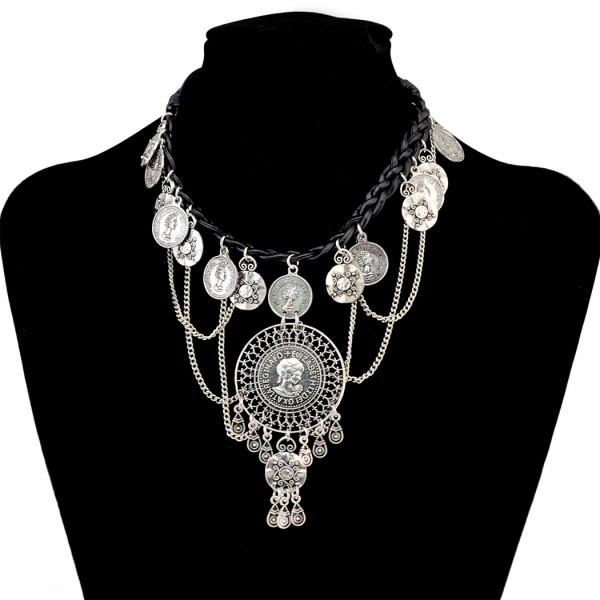 N-6669 Vintage Silver Plated Leather Alloy Round Portrait Tassel Pendant Long Necklaces Women Girls Jewelry