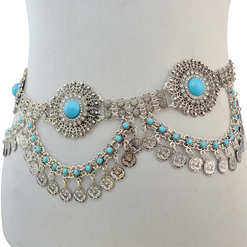 N-6675 * NBohemain Fashion Gypsy Silver Plated Alloy Coin Tassel Blue Resin Beads Belly Body Chain Waist Chain Body Jewelry