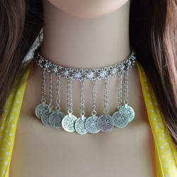 N-6676 Bohemian  Vintage Chain Choker Silver Plated Coin Pendant Necklace for Women Jewerly