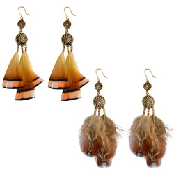 E-3978 Fashion Bohemian Vintage Brown Orange Long Feather Tassel Drop Stud Earring for Women