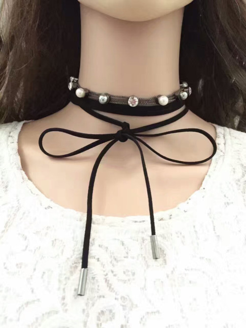 N-6684 Bohemian Bow-tie Design  Neck Strap Pearl Rhinestone Choker Necklace Collar Clavicle Chain