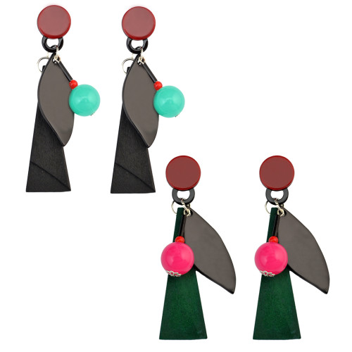 E-3987 Multicolor Acylic Ball Drop Earring New Fashon Long Black Leather Charm Leaf Dangle Earrings for Women