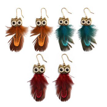 E-3991 4 Colors Bohemian Feather Owl Pendant Drop Earring Punk Style