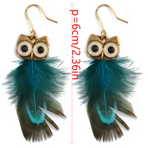 E-3991 4 Colors Bohemian Feather Owl Pendant Drop Earring Punk Style