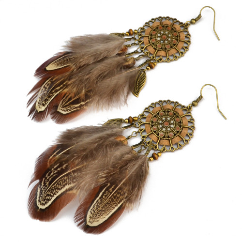 E-3998 Bohemian National Wind Long Personality Retro Drop Dangle Long Tassel Feather Hook Earring for Women