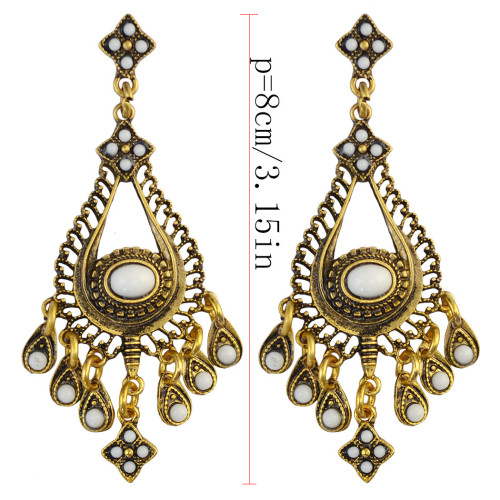 E-4015 New Arrival Gold Silver Plated Alloy Waterdrop Hollow Out Inlay Resin Beads Tassel Fringe Dangle Drop Earrings Women Girls Jewelry