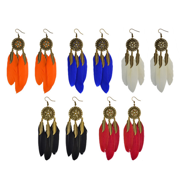 E-4018 5 colors Bohemian Vintage Bronze Long Feather  Drop Hook Flower Earring Dangle Earrings for Women