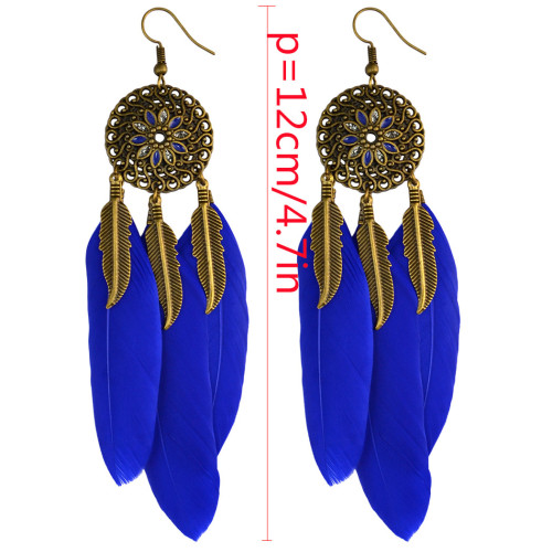 E-4018 5 colors Bohemian Vintage Bronze Long Feather  Drop Hook Flower Earring Dangle Earrings for Women