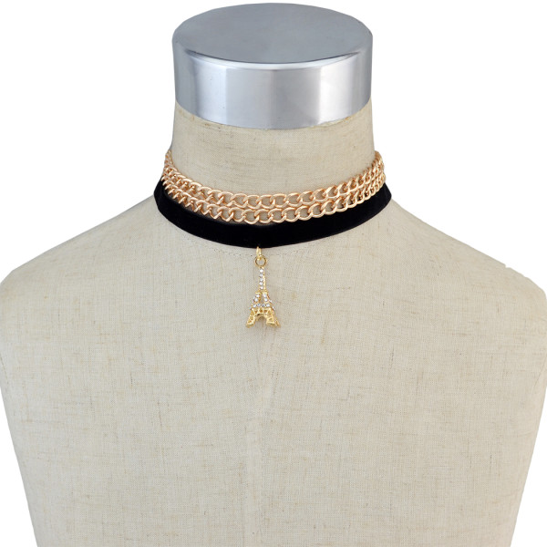 N-6700 3Pcs/Set Punk Gold Plated Chain Gothic Sexy Choker Eiffel Tower Charm Fabric Collar Necklace Women Jewelry