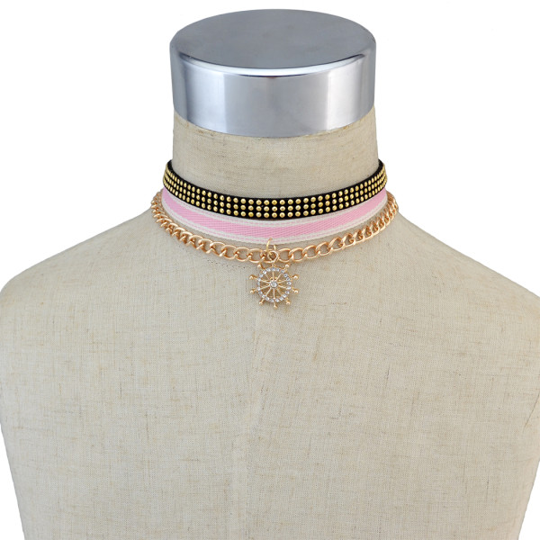 N-6701 3Pcs/Set Punk Style Gold Plated Alloy Chain Black Leather Rhinestone Rudder shape Charm  Choker Collar Short Necklace Women Jewelry