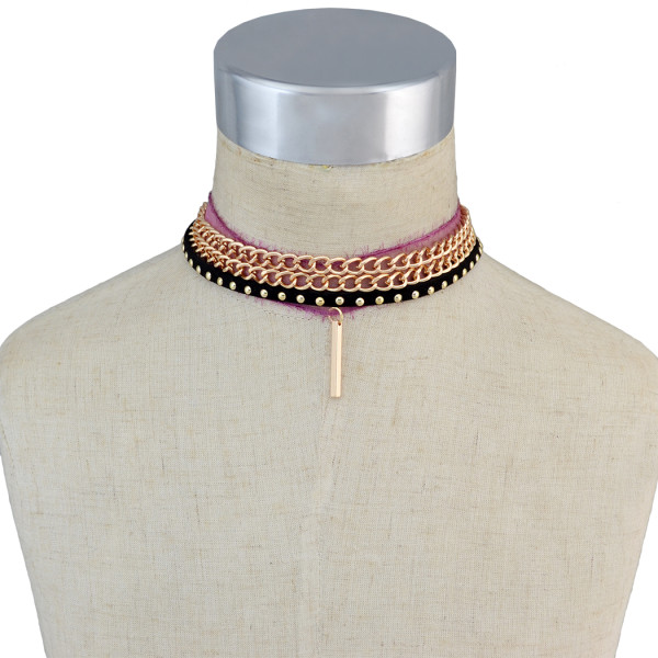 N-6707 4 Pcs/Set Punk Black Leather Rivet Choker Gold Plated Alloy Chain Charm Rose Fabric Chain Collar Short Necklace Women Jewelry