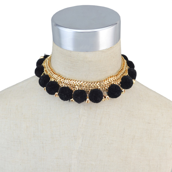 N-6722 Bohemia Gold Plated Box Chain Choker Alloy Bell Plush Ball Charms Collar Short Necklace Adjustable Women Jewelry, Black/Grey/Red Color