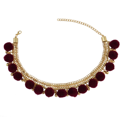 N-6722 Bohemia Gold Plated Box Chain Choker Alloy Bell Plush Ball Charms Collar Short Necklace Adjustable Women Jewelry, Black/Grey/Red Color