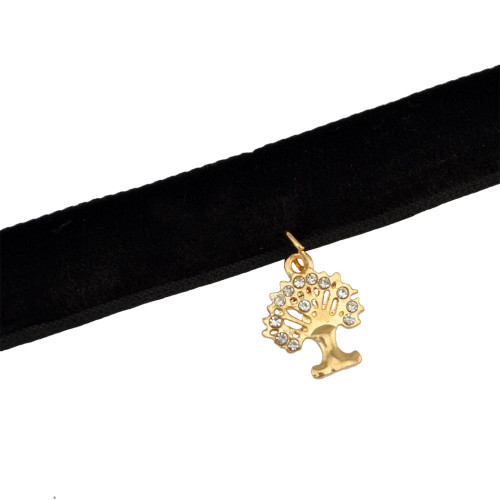 N-6708 3Pcs/Set Punk Style Black Velvet Double Gold Alloy Chains Choker Short Clavicle Necklace Rhinestone Tree Shape Pendant Women Jewelry