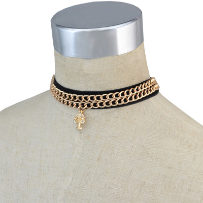 N-6708 3Pcs/Set Punk Style Black Velvet Double Gold Alloy Chains Choker Short Clavicle Necklace Rhinestone Tree Shape Pendant Women Jewelry
