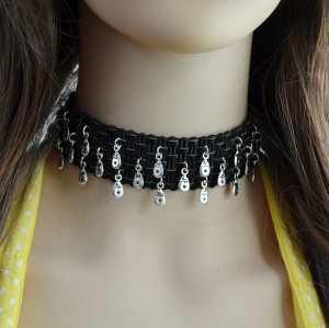 N-6719 Punk Style Black Leather Rope Braid Choker Alloy Waterdrop Charms Short Clavicle Wide Necklace Women Jewelry