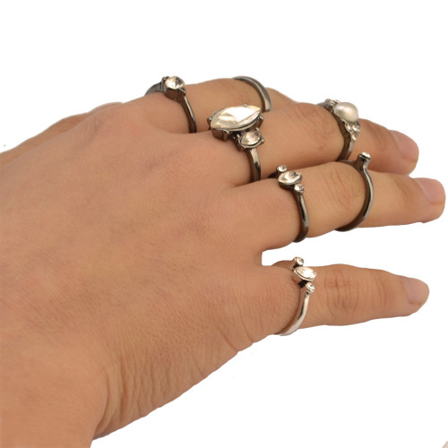 R-1428 Fashion 6pcs/set Vintage Joint Knuckle Nail Stimulated Pearl Rhinestone Zircon Midi Ring Set Jewelry