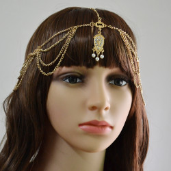 F-0385 Fashion Gold Plated Rhinestone Pearl Pendant Hairband Korea Style Elastic Band Headwear for Women Jewelry