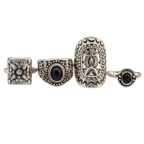 R-1430 4 Pcs/ set Vintage Retro Turkish Gypsy Style Gold Silver Plated Alloy Inlay Resin Beads Midi Knuckle Finger Ring For Women Jewelry