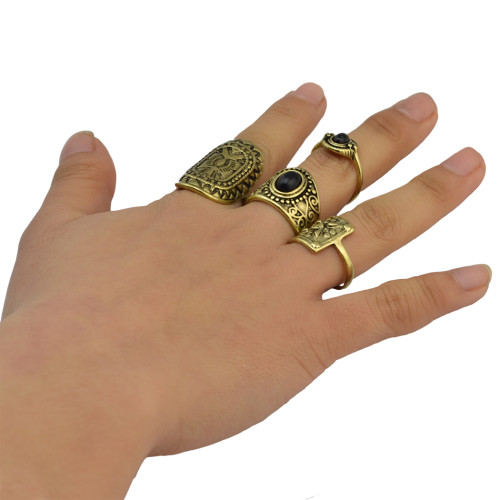 R-1430 4 Pcs/ set Vintage Retro Turkish Gypsy Style Gold Silver Plated Alloy Inlay Resin Beads Midi Knuckle Finger Ring For Women Jewelry