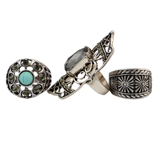 R-1432 3pcs/set Fashion Vintage  Turquoise Joint Knuckle Nail Crystal Rhinestone Midi Ring Set Jewelry for Women