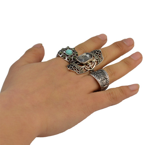 R-1432 3pcs/set Fashion Vintage  Turquoise Joint Knuckle Nail Crystal Rhinestone Midi Ring Set Jewelry for Women