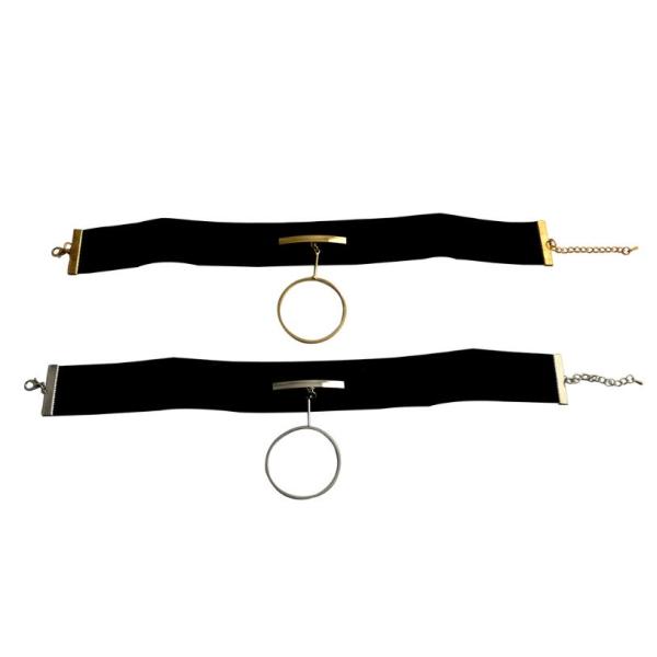 N-6730 Gothic Black Leather Silver Gold Plated Round Pendant Choker Necklace