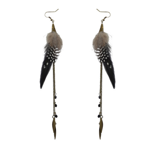 E-4031 Bohemian Brown Feather Tassel Drop Hook Earring Dangle Earrings for Women Jewelry