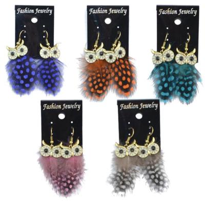E-4034 New Fashion 5 Color Long Feather Owl Shape Fishhook Drop Dangle Earrings For Women Jewelry