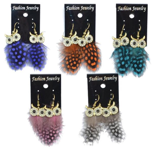 E-4034 New Fashion 5 Color Long Feather Owl Shape Fishhook Drop Dangle Earrings For Women Jewelry