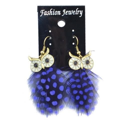 E-4034 New Fashion 5 Color Long Feather Owl Shape Fishhook Drop Dangle Earrings For Women Jewelry