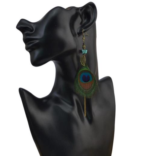 Fashion Vintage Bohemian Peacock Feather Rhinestone Tassel Dangle Long Earrings For Women Jewelry