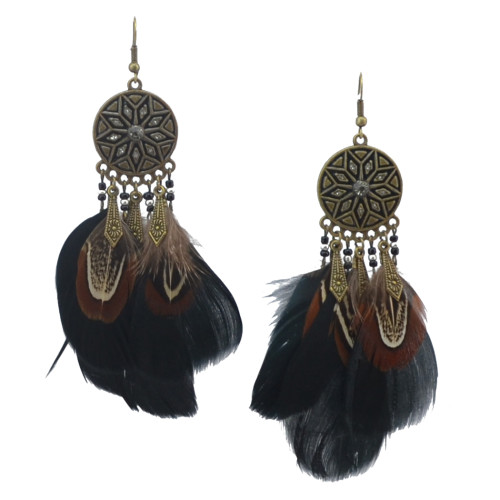 E-4043 Bohemian Brown Feather Tassel Drop Hook Earring Dangle Earrings for Women Jewelry