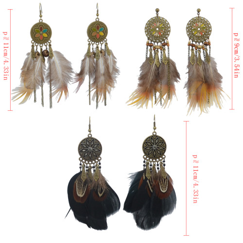 E-4043 Bohemian Brown Feather Tassel Drop Hook Earring Dangle Earrings for Women Jewelry